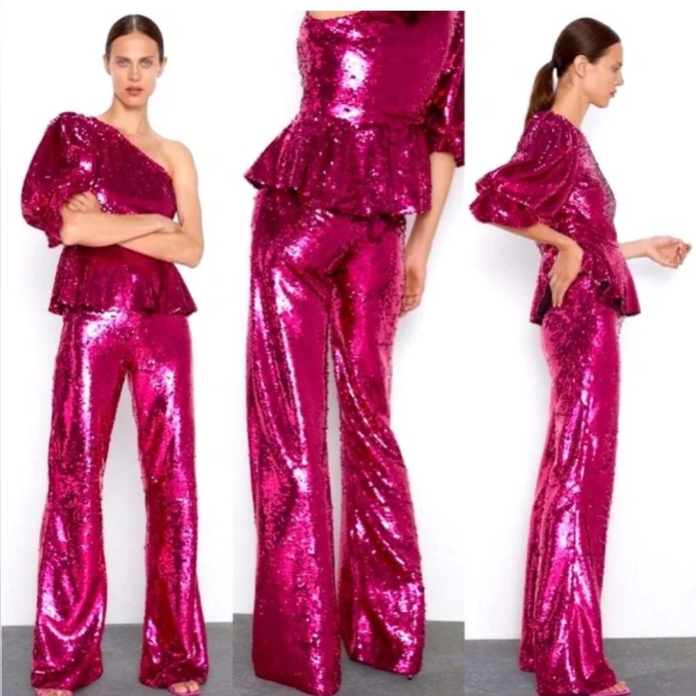 Zara Fuschia Pink Sequin One-Shoulder Puff Sleeve Top XS